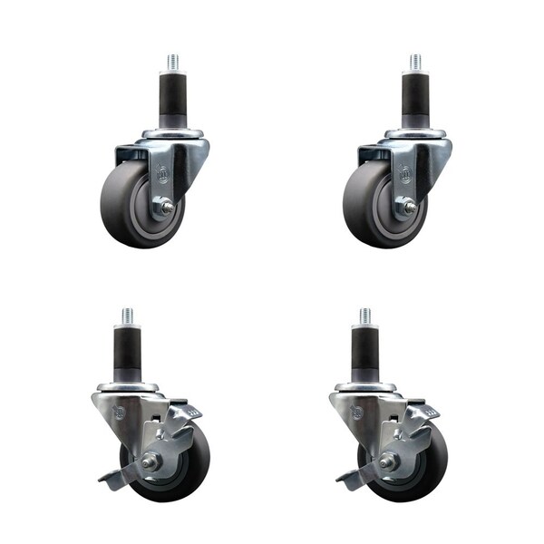 3'' Thermoplastic Rubber Wheel Swivel 1-1/4'' Expanding Stem Caster Set 2 Brakes, 4PK